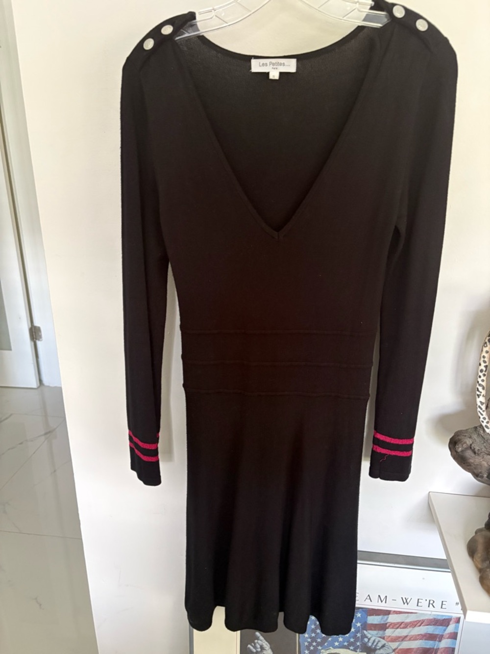Black V‑Neck Asymmetrical Dress with Pink Cuff Stripes